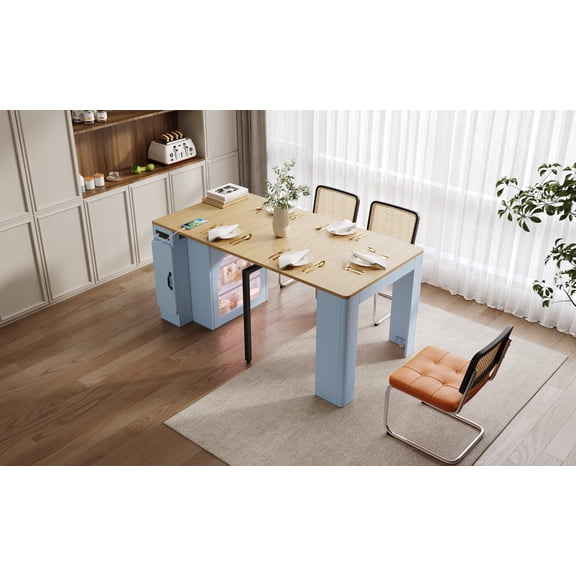 Extendable Dining Table with Removable Leaves and Storage Cabinet Mobile Kitchen Island with Power Outlet and LED Lighting for Small Space Living Room
