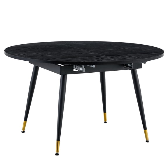 Extendable Dining Table with Retractable Mechanism, Black Grain MDF Top and Sturdy Black Metal Legs, Space-Saving Pull-Out Design for Modern Dining Room and Kitchen Banquets