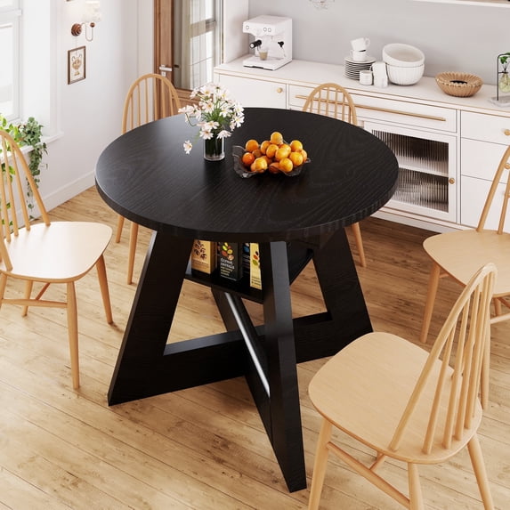 Extendable Dining Table Round Dining Room with Removable Leaves Space Saving, Wooden Cross Base with Storage Shelf Kitchen Living Room Black