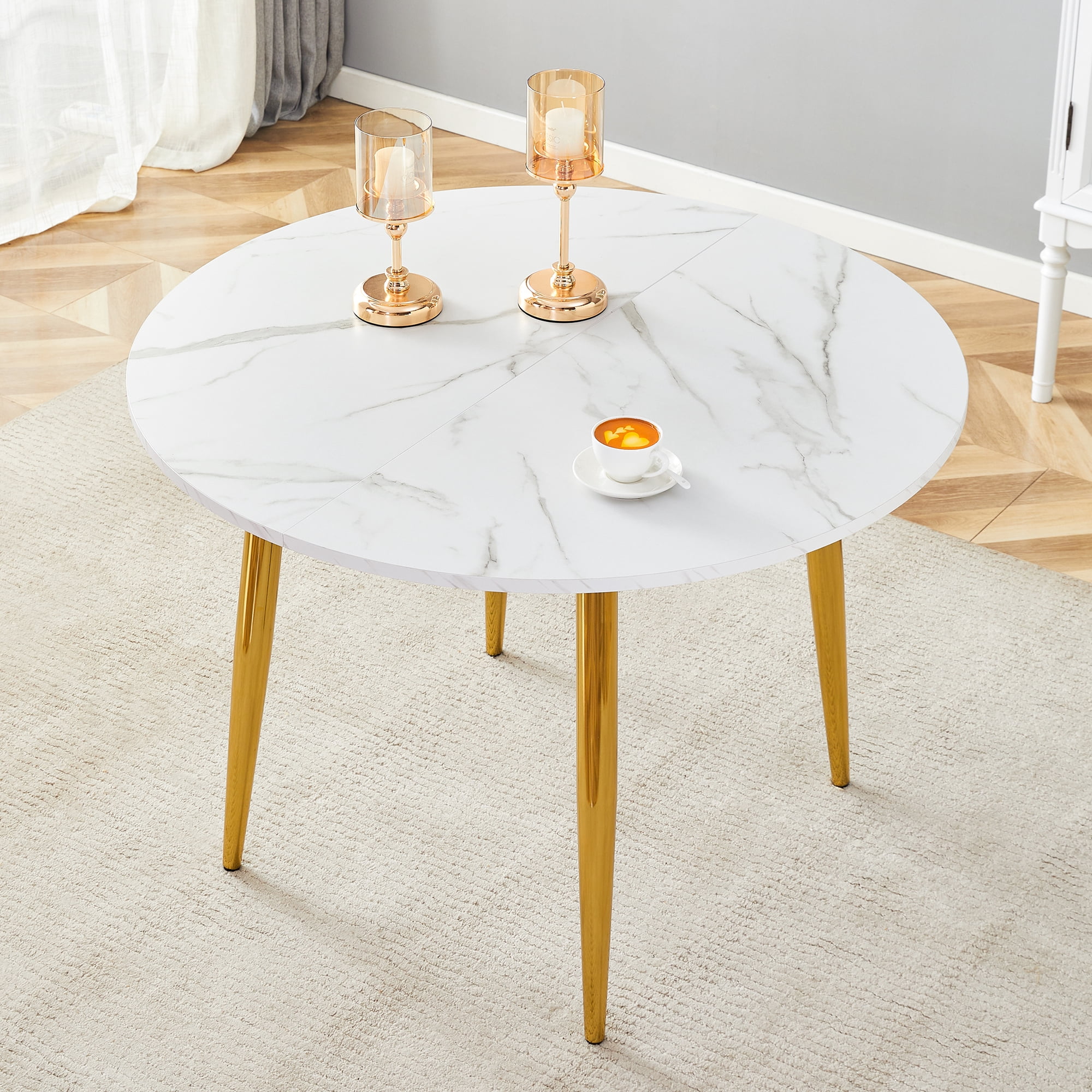 Extendable Dining Table, Round Expandable Kitchen Table with White MDF Top and Gold Metal Legs, Modern Space Saving Dining Room Table for Apartment