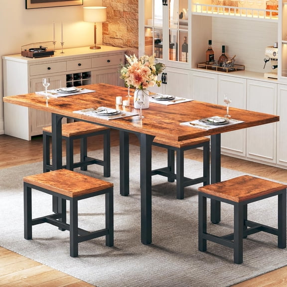 Extendable Dining Table Set for 4, Kitchen Table Chairs Set of 4, Wooden Dining Room Table with Metal Frame, Folding for Small Apartment Saving Space, Rustic Brown