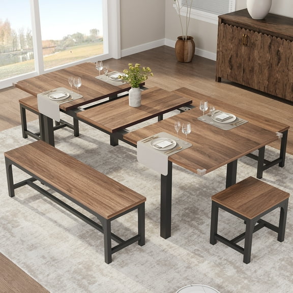 Extendable Dining Table Set for 6-8 People, with 2 Benches and 2 Stools, Industrial Kitchen & Dining Room Set（Expandable up to 63 in）