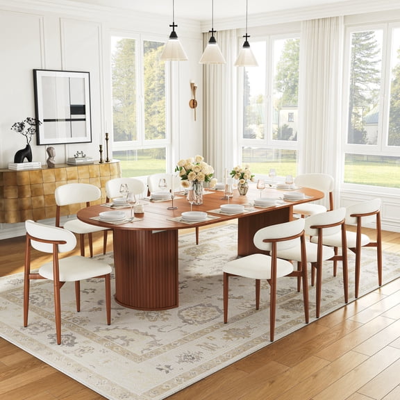 Extendable Dining Table Set for 8, 45-105" Round Expandable Table with Slotted Base and 8 Upholstered Fabric Chairs, Modern Kitchen & Dining Room Set