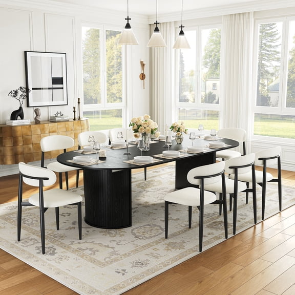 Extendable Dining Table Set for 8, 45-105" Round Expandable Table with Slotted Base and 8 Upholstered Fabric Chairs, Modern Kitchen & Dining Room Set