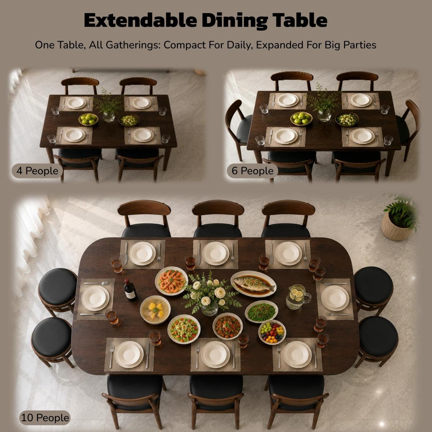 Extendable Dining Table with Solid Wood Construction and Expandable Design, Kitchen Table and Gathering Table for 4-10 People, 47.2 to 63 Inch, Walnut