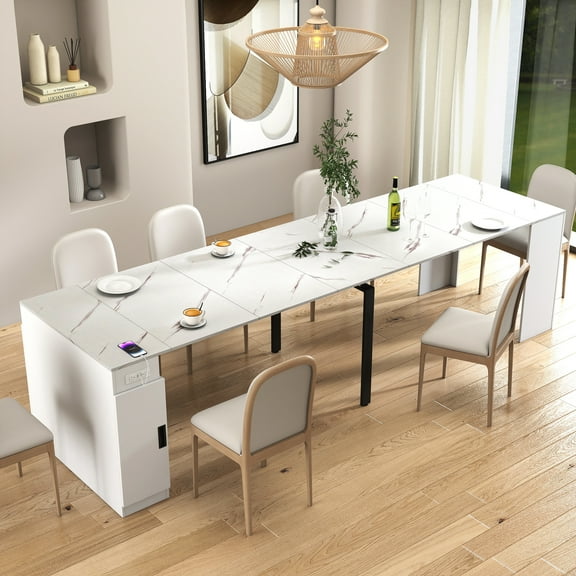 Extendable Dining Table, White Particle Board and Iron Console Table with Built-in Power Outlet, 2 USB and 2 AC Ports, Expanding from 23.62" to 118.11" for Dining Room and Office