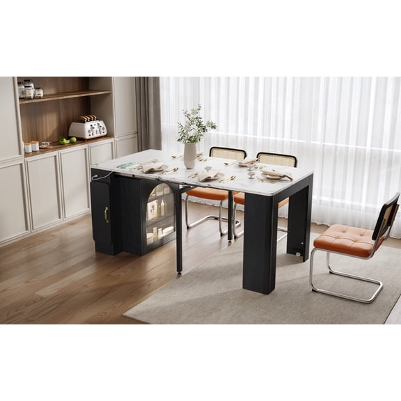 Extendable Dining Table With 3 Removable Leaves Rolling Kitchen Island With Power Outlet And Storage Cabinet For Small Spaces Black And Marble White
