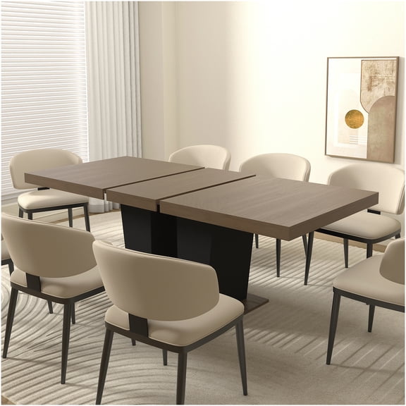 Extendable Dining Table for 10, Modern Expandable Wood Kitchen Table with Black Pedestal Base, Beige Brown Particle Board