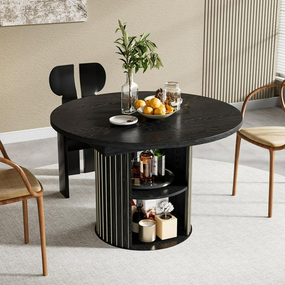 Extendable Dining Table for 4-6, Round Kitchen Table with Storage Shelf, Oval Dining Tables for Living Room (Black)