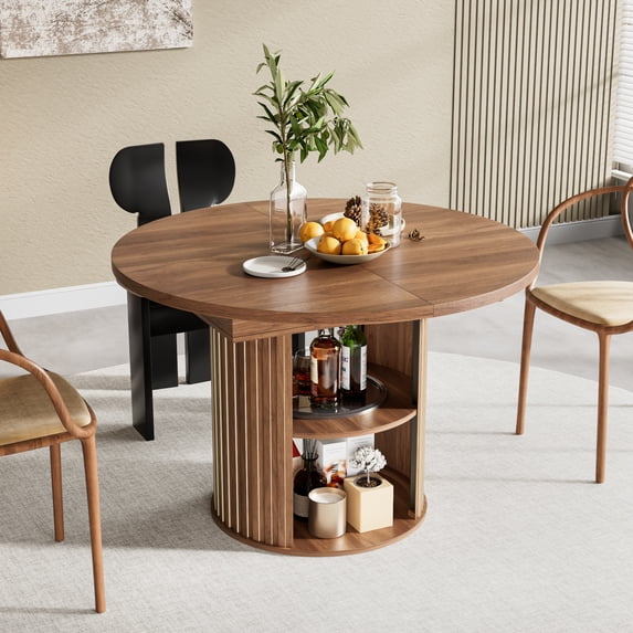 Round Storage Extendable Extendable Dining Table for 4-6, Round Kitchen Table with Storage Shelf ...