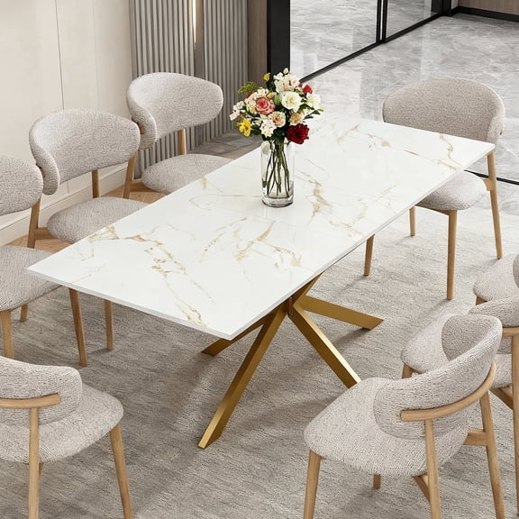 Extendable Dining Table for 6-10 People, Rectangle Kitchen Table with Gold Faux Marble Tabletop,Gold