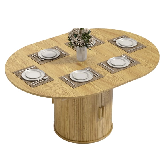 Extendable Dining Table for 6, 60" Farmhouse Kitchen Table with Storage, Natural Wood