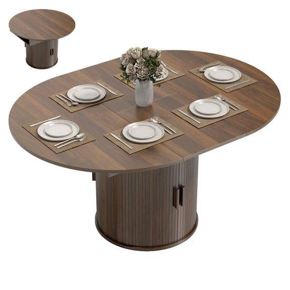 Extendable Dining Table for 6, 60" Farmhouse Kitchen Table with Storage, Walnut