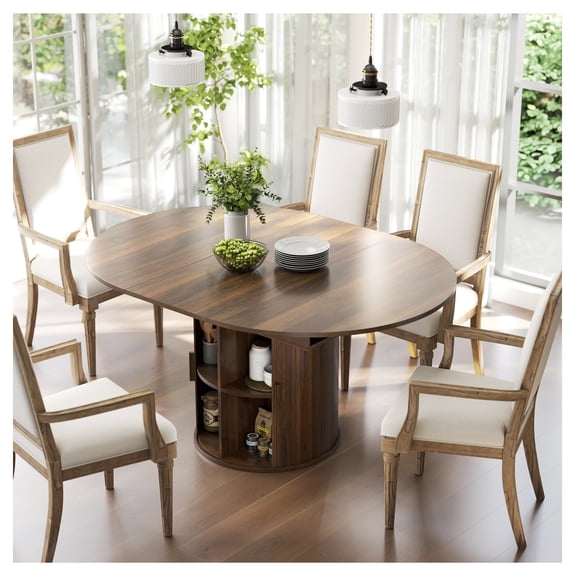 Extendable Dining Table for 6, 60" Farmhouse Kitchen Table with Storage, Walnut