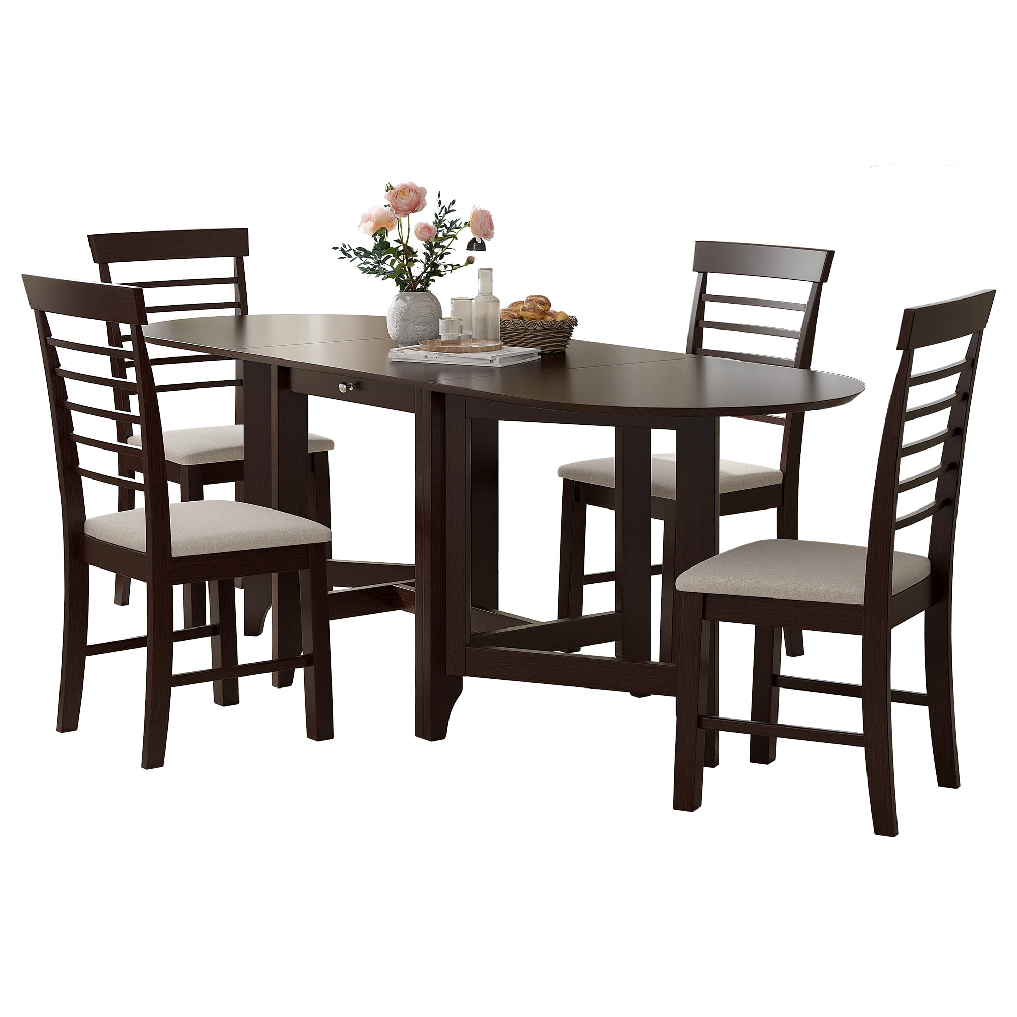 Extendable Dining Table with 4 Chairs Set,Rubber Wood DropLeaf Table