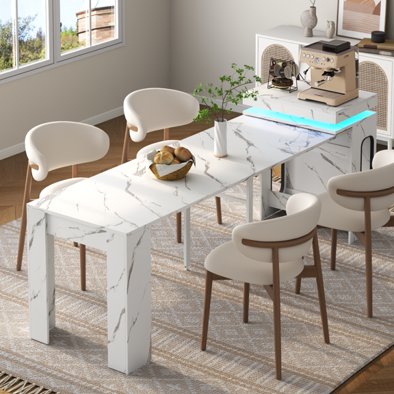 Extendable Dining Table with Charging Station & LED Lights, Folding Console Table for 6-8 People, Space-Saving Marble White Kitchen Table