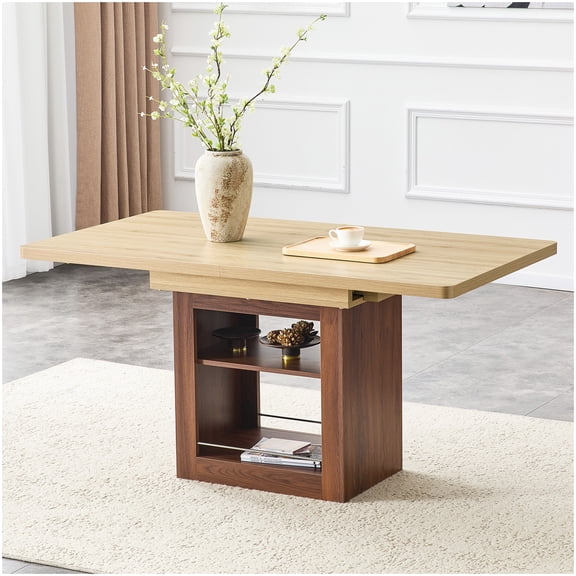 Extendable Dining Table with Storage Shelves, Walnut Color Rectangular Table for Kitchen Dining Room, Accommodates 4-8