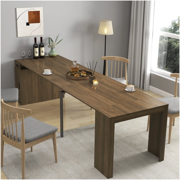 Extendable Dining Table with USB Outlet, Walnut Finish Expanding Table with Hidden Storage for Celebrations