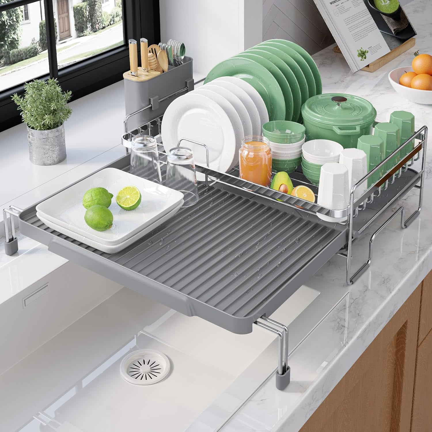 Extendable Dish Drying Rack - Adjustable Length 12.8"–21.0", Auto-Draining Dish Rack for Kitchen Counter, Rust-Resistant Metal Frame Over-Sink Support for Plates, Bowls & Utensils, Sliver Grey