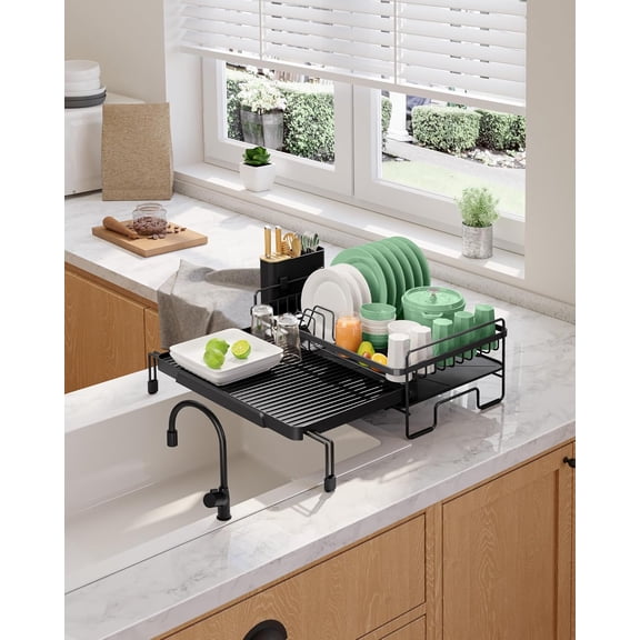Extendable Dish Drying Rack - Adjustable Length 12.8"–21.0", Auto-Draining Dish Rack for Kitchen Counter, Rust-Resistant Metal Frame Over-Sink Support for Plates, Bowls & Utensils, Black