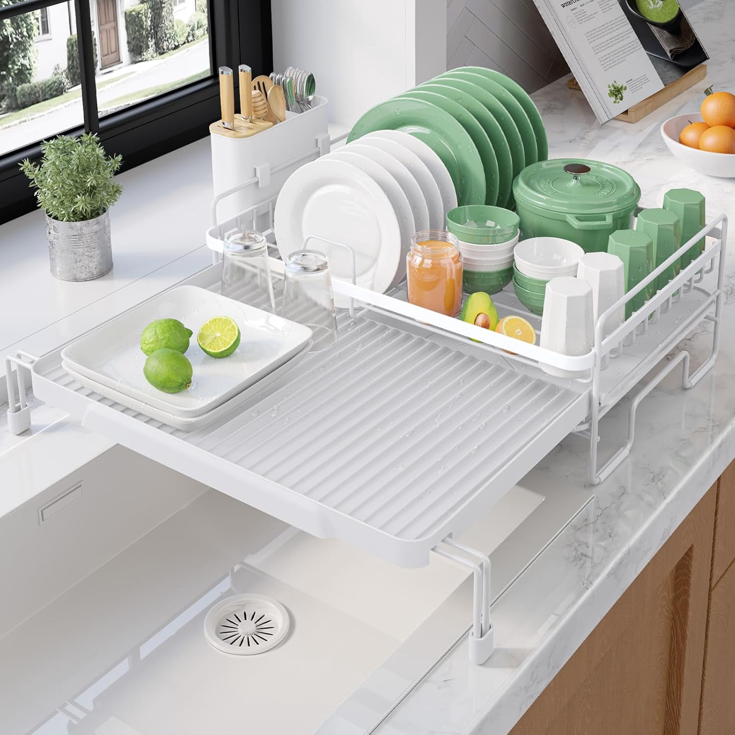 Extendable Dish Drying Rack - Adjustable Length 12.8"–21.0", Auto-Draining Dish Rack for Kitchen Counter, Rust-Resistant Metal Frame Over-Sink Support for Plates, Bowls & Utensils, White