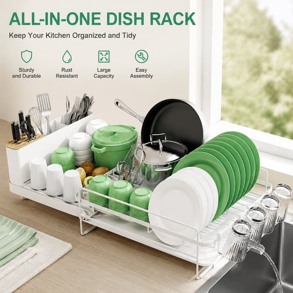 Extendable Dish Drying Rack with Cutlery & Cup Holders, Large Multifunctional Countertop Dish Organizer with Drainage, Adjustable 18.2"-25.7" L x 12.9" W, White