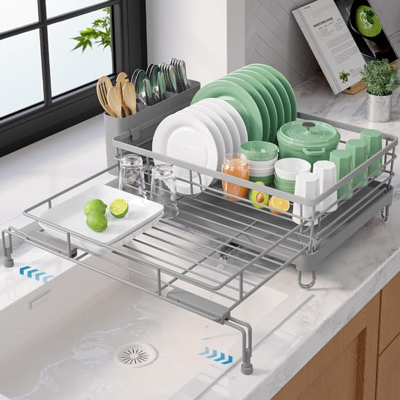 Extendable Dish Drying Rack - Rust-Resistant Dish Racks for Kitchen Counter with Adjustable Support Legs, Cutlery Holder & Removable Draining Tray (Grey, 15.6''-25.2''L × 16.9''W × 8.1''H)