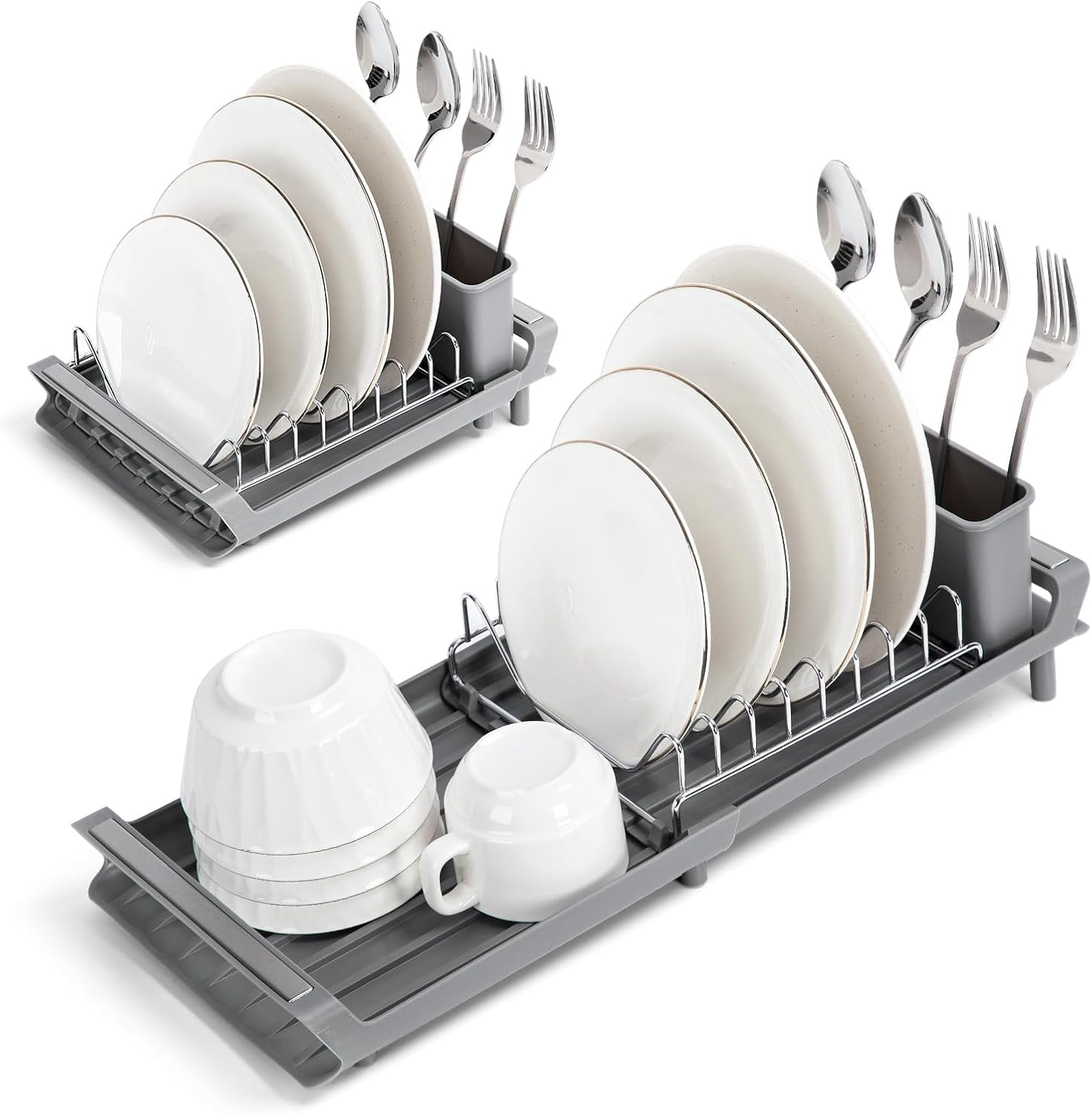 TOOLF Expandable Stainless Steel Dish Rack With Removable Cutlery Holder - Space Saving Sink Drainer