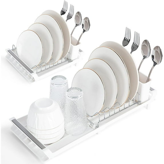Extendable Dish Drying Rack, Small Dish Rack, Compact Dish Drainer, Dish Racks for Kitchen Counter, Stainless Steel Dish Drying Rack with Removable Cutlery Holder, Grey