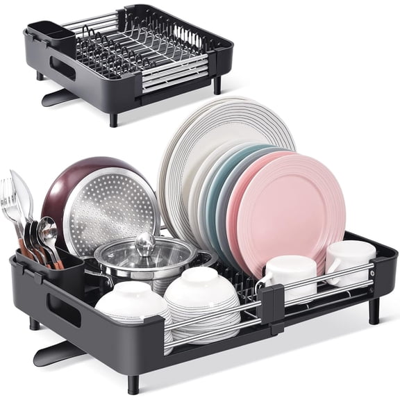 Extendable Dish Rack, Dual Part Dish Drainers with Non-Scratch and Movable Cutlery Drainer and Drainage Spout, Adjustable Dish Drying Rack for Kitchen, 1 Piece Grey