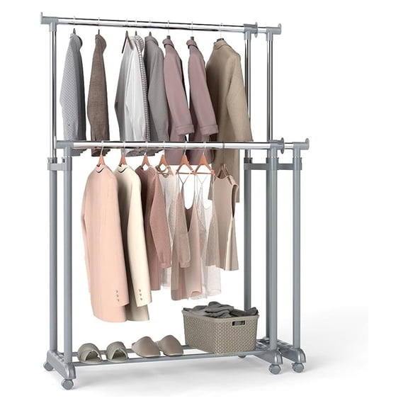 Extendable Double Rods Garment Rack, Rolling Clothing Organizer with Adjustable Height & Width, Portable Closet Rack with Wheels, Heavy Duty Foldable Metal Clothes Rack for Bedroom & Laundry