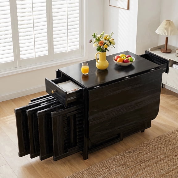 Extendable Drop Leaf Folding Dining Table Space Saving Living Room & Kitchen Black 130cm & 4 chairs