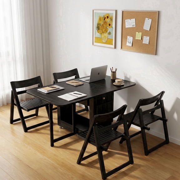 Extendable Drop Leaf Folding Dining Table Space Saving Living Room & Kitchen Black 59.06" & 6 chairs