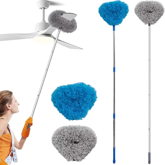 Extendable Duster, Fan Cleaner Duster High Ceiling, 71inTelescoping Pole, Microfiber, Blue, Dust Removal, 1 Pc Handle, 1 Pc Extra Replacement Head