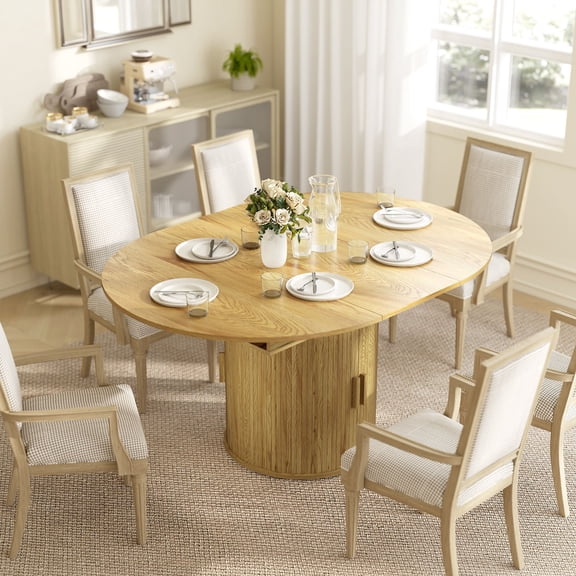 Extendable Farmhouse Dining Table for 4-6 People, 59.1" Natural Wood Oval Kitchen Table with 2-Tier Storage Pedestal and Fluted Sliding Doors for Dining Room or Home Office