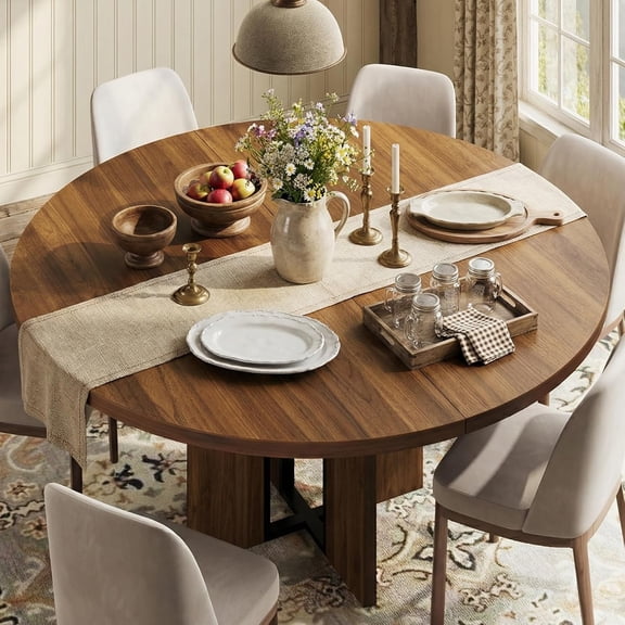 Extendable Farmhouse Dining Table for 4-8 – Round to Oval Wooden Table – Sturdy Metal Frame – Space-Saving Design – Arched Legs – Ideal for Apartment or Dining Room – Walnut