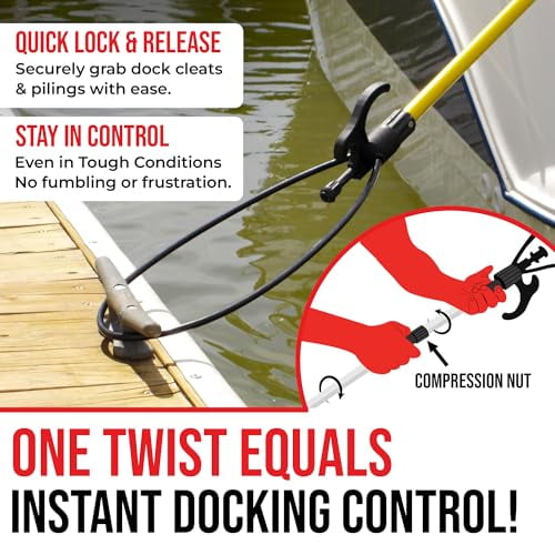 Extendable Fiberglass Boat Hook with Flexible Loop & Quick-Lock System - Adjustable 2-8ft Pole with Rubber Guard - Marine Rope Hook & Line Handling Tool