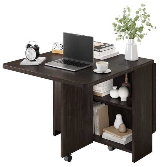Extendable Folding Table with Dual Storage Shelves – Multi-Functional and Portable Desk for Kitchen, Dining, Home Office, or Compact Living Spaces