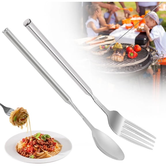 Extendable Fork, Extra Long Forks Prank and Spoon for BBQ, Adjustable Extended Forks Extends to 25.6", Long Dinner Fruit Dessert Cutlery Stainless Steel Tableware(Fork & Spoon)