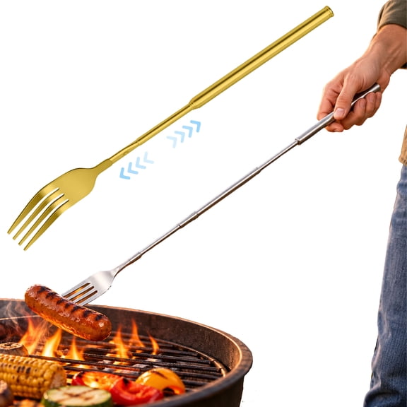 Extendable Fork, Stainless Steel Long Fork Spoon Set Extends From 8.7 To 25.6 Inches, Christmas Gag Gift
