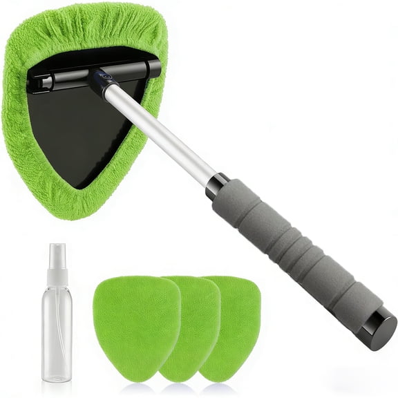 Extendable Handle Windshield Cleaner Tool, Auto Glass Wiper Brush Kit with 4 Reusable Microfiber Pads – For Car Interior & Exterior Window Cleaning, Green