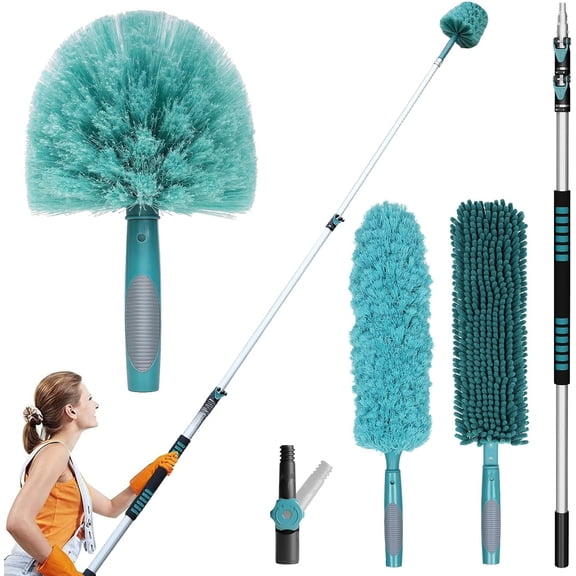 Extendable High Reach Duster Kit with Telescopic Pole, Chenille Cobweb and Faux Feather Microfiber Dust Heads