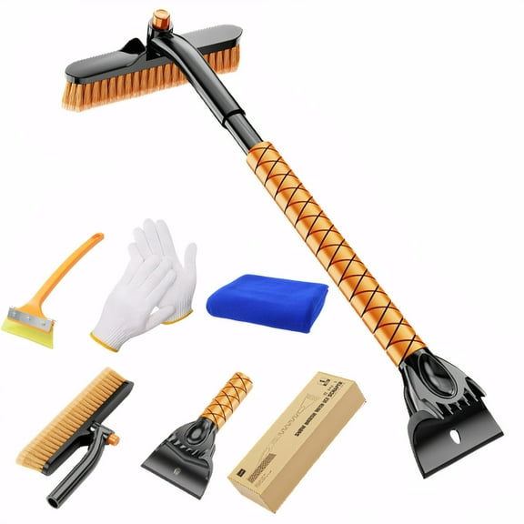 Extendable Ice Brush and Ice Scraper ,Car Snow Shovel Tools ,5 in 1 Foam Grip Snow Removal Brush with Squeegee 181° Pivoting Brush Head for Cars Windshield,Vehicle,Trucks,SUV(B)