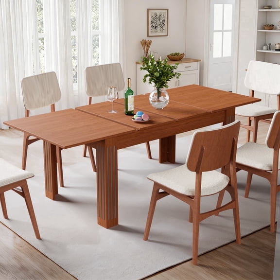 Extendable Kitchen Dining Table, 54"-85" Expandable Rectangular Dinner Table for 4-10 People, Modern Rectangular Dining Table with Sturdy Wood Frame & Waterproof Tabletop, Light Walnut