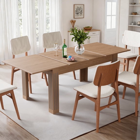 Extendable Kitchen Dining Table, 54"-85" Expandable Rectangular Dinner Table for 4-10 People, Modern Rectangular Dining Table with Sturdy Wood Frame & Waterproof Tabletop, Natural