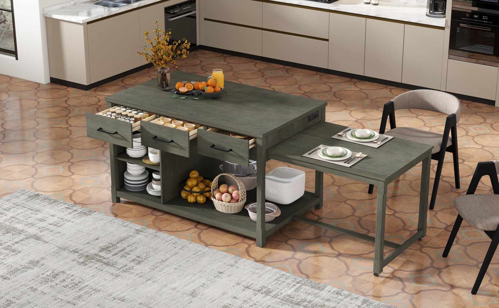 Extendable Counter Top Extendable Kitchen Island with Built-In Power Outlets & Storage, Mobile ...