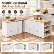 Extendable Kitchen Island Cart with Storage, White Buffet Cabinet with Folding Countertop, Drawers, Shelves and Power Strip