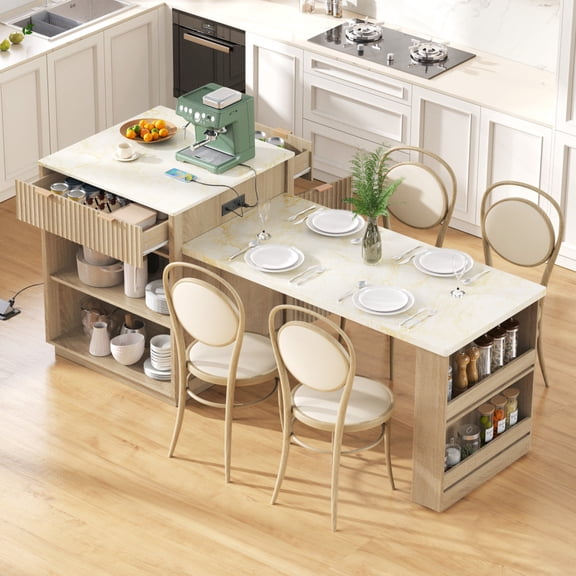 Extendable Kitchen Island with Dining Table (4-6 Seats) - 82.6" Fluted Design with Power Outlet, Double-Side Storage & 2 Drawers 2 Open Shelves,Natural