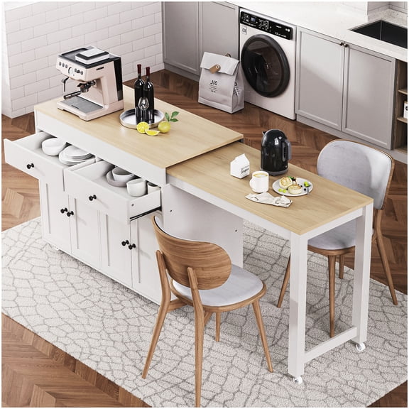 Extendable Kitchen Island Table on Wheels, White Farmhouse Kitchen Cart with Storage, Lockable Casters, Drawers and Cabinet for Dining and Prep