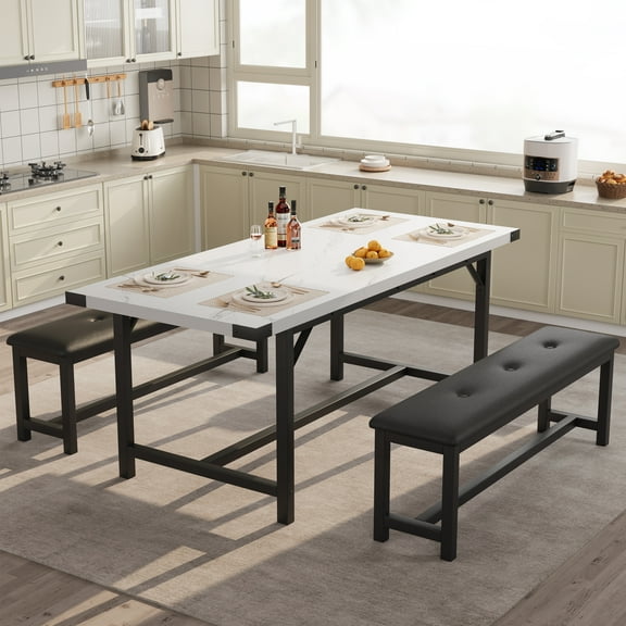 Extendable Kitchen Table Set with 2 Upholstered Benches, 47.24in-63in Rectangular Industrial Wood Dining Room Table for 4-6, Metal Corner Protect, for Apartment, Kitchen
